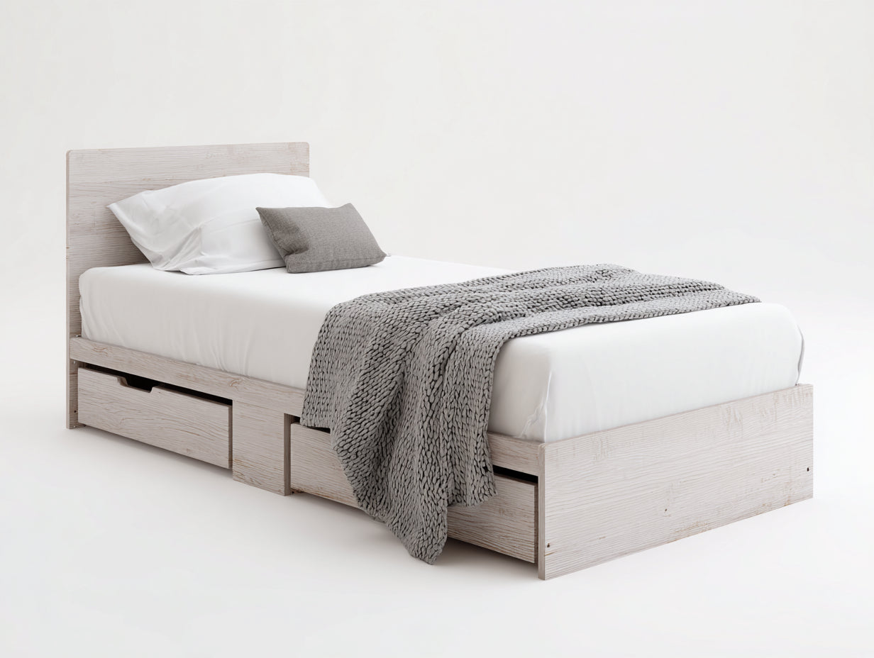 Lit simple - bois - 209x106x102 cm - chêne blanchi - contemporain avec rangement