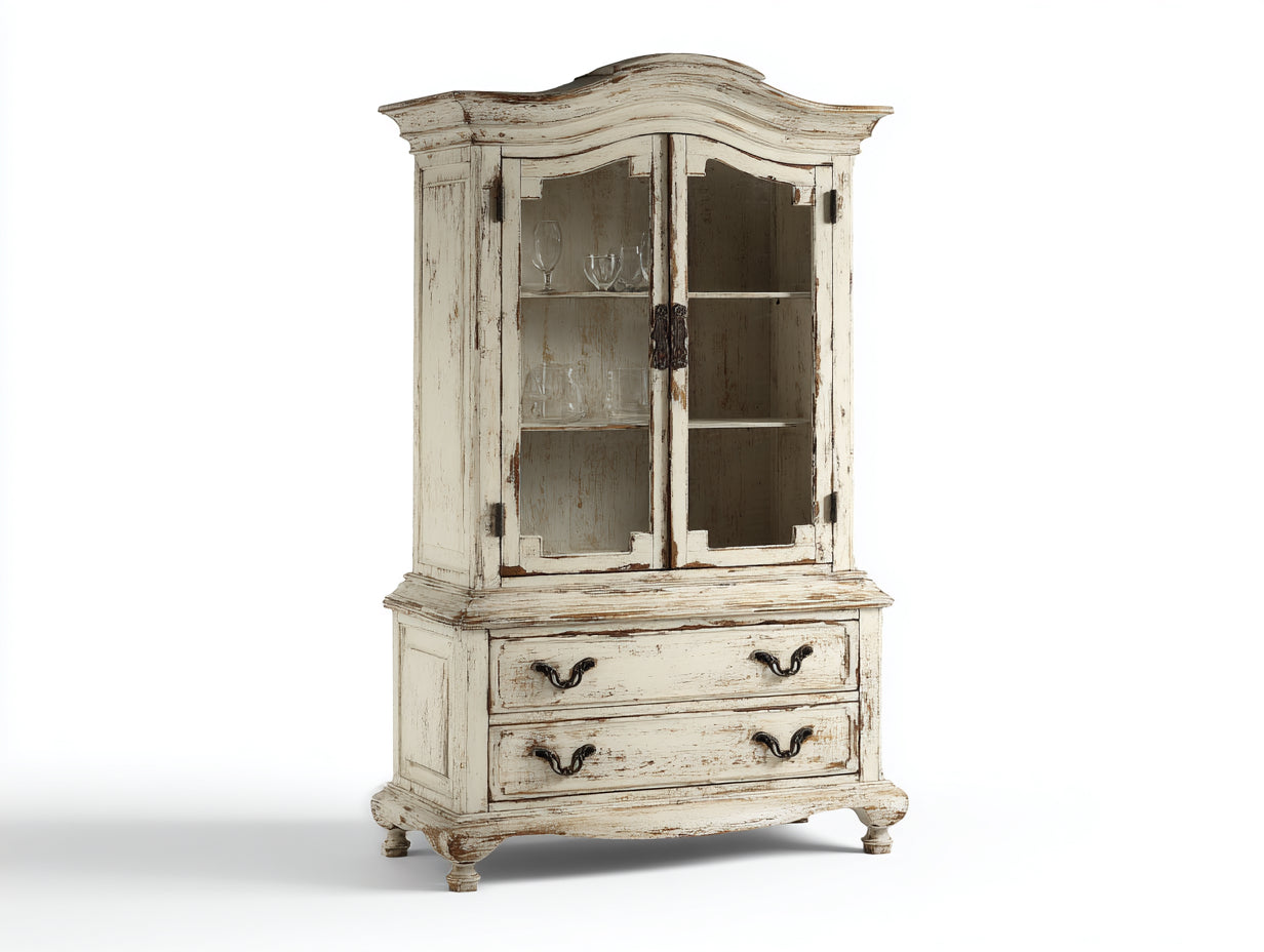 Vitrine - bois-verre-métal - 103x42x186 cm - blanc vieilli-beige - classique