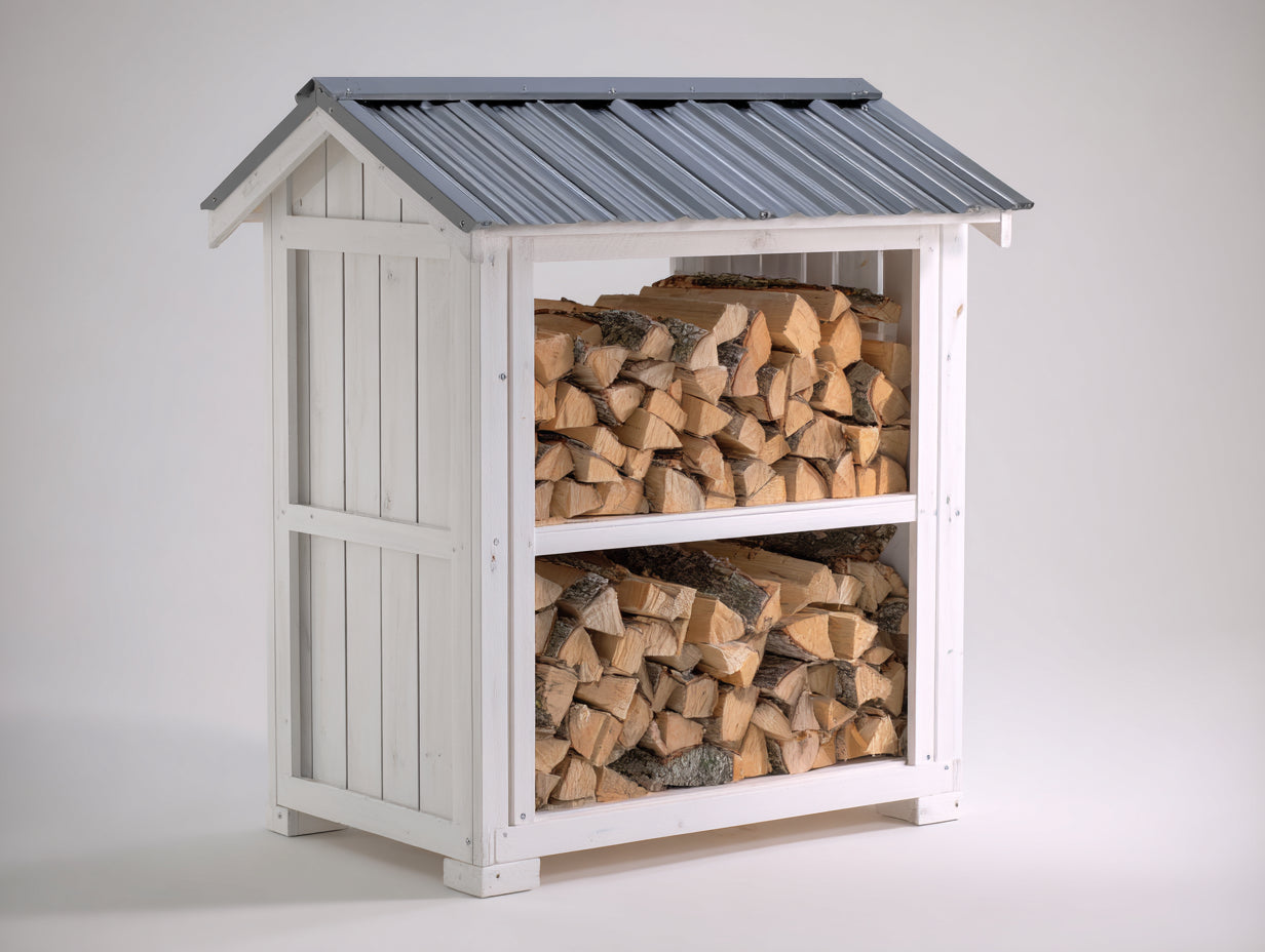 Abri à bûches - bois-métal - 118x65x135 cm - Blanc-Gris - rustique
