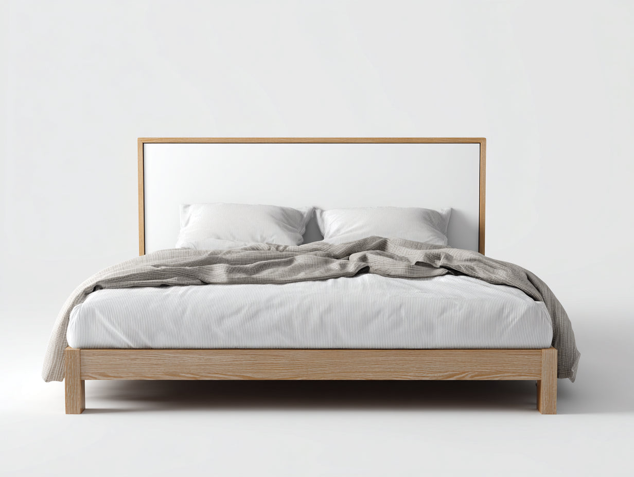 Lit double - bois-tissu - 216x188x112 cm - bois naturel-blanc - style minimaliste