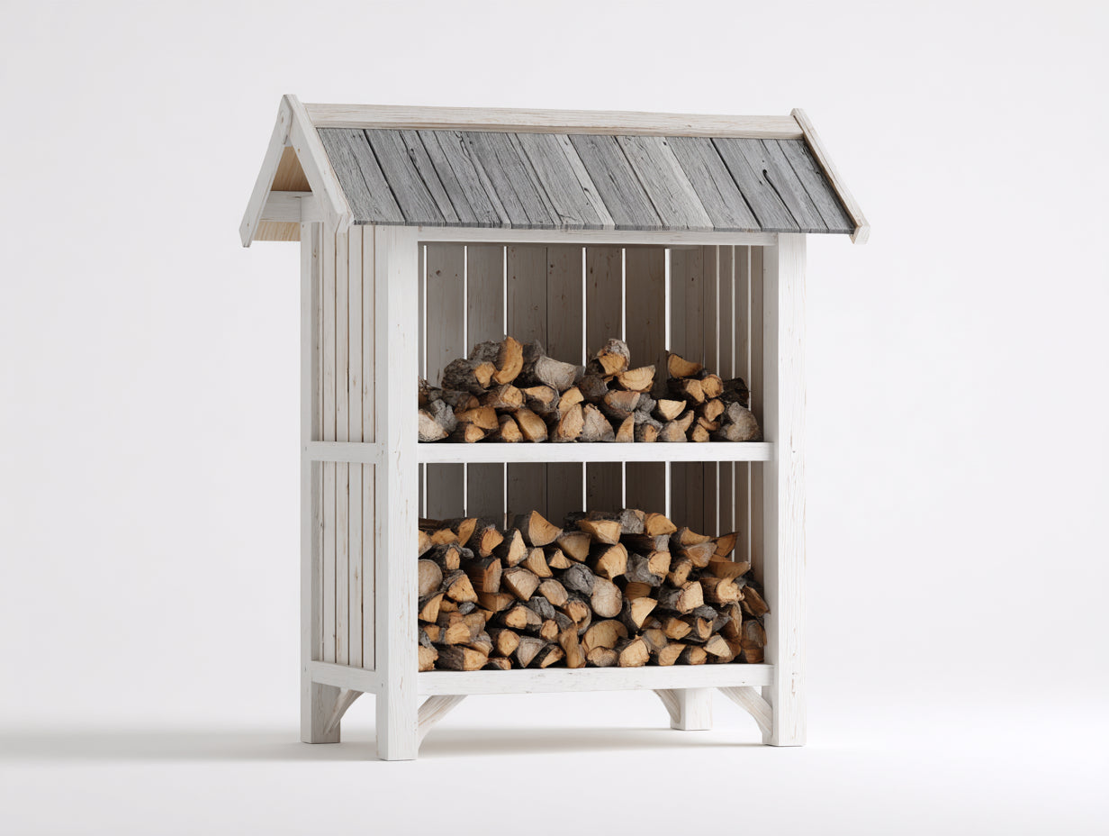 Abri à bûches - Bois - 132 x 62 x 178 cm - Blanc-Gris - Style cottage