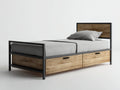 Lit simple - bois-métal - 211x106x98 cm - bois naturel-noir - industriel avec rangement