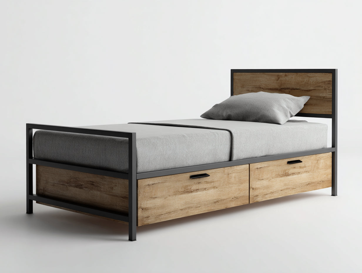 Lit simple - bois-métal - 211x106x98 cm - bois naturel-noir - industriel avec rangement