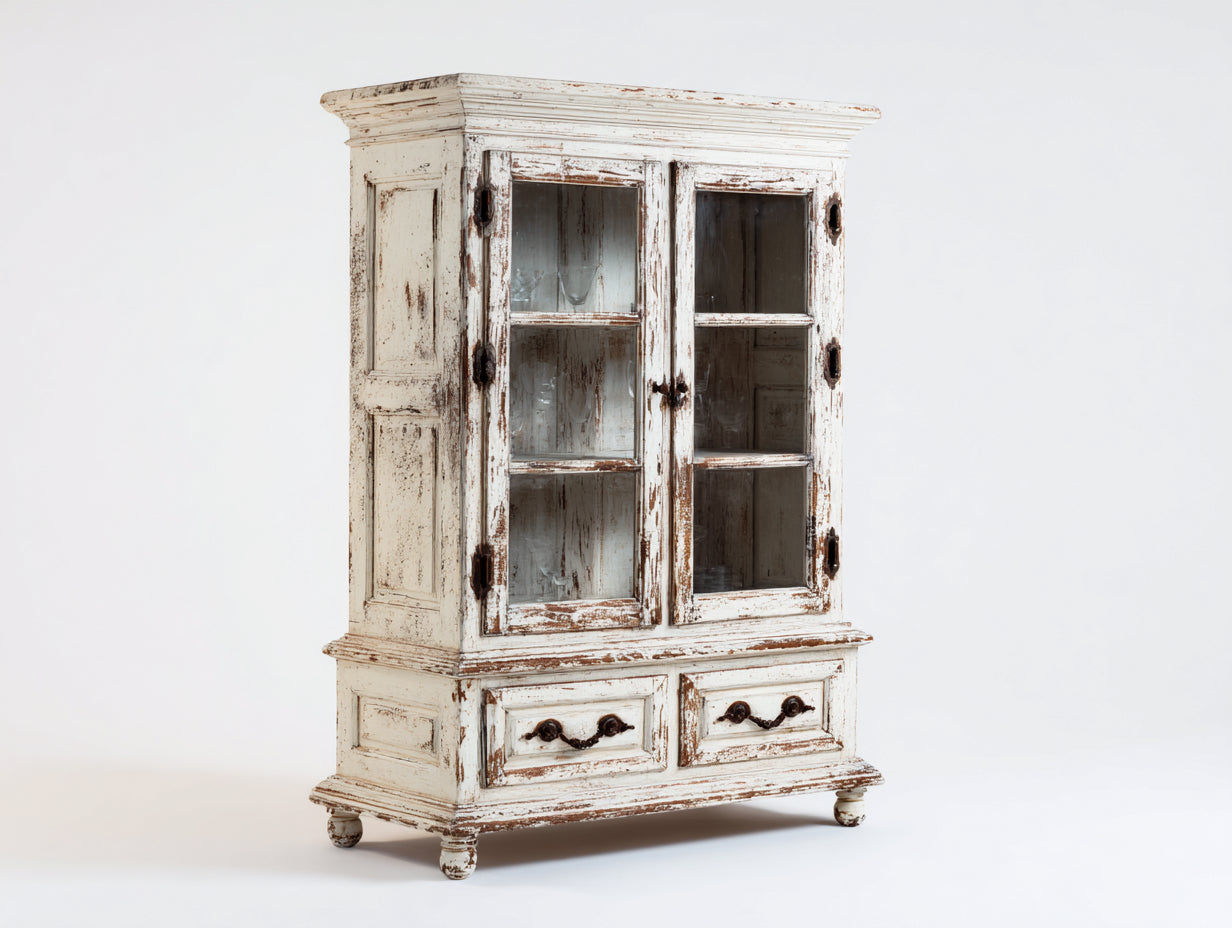 Vitrine - bois-verre-métal - 105x42x174 cm - blanc vieilli-beige - classique