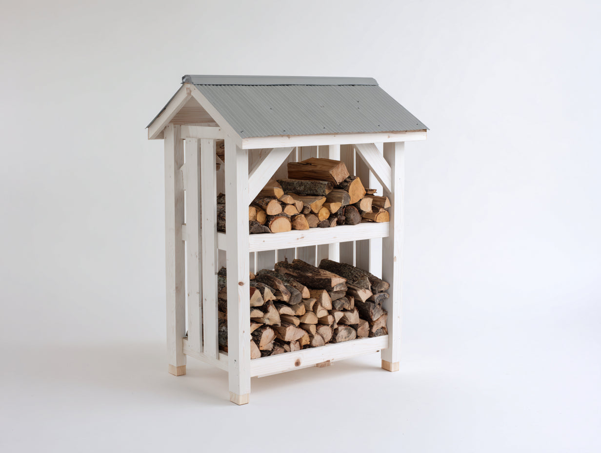 Abri à bûches - bois-métal - 116x58x142 cm - Blanc-Gris - chalet rustique