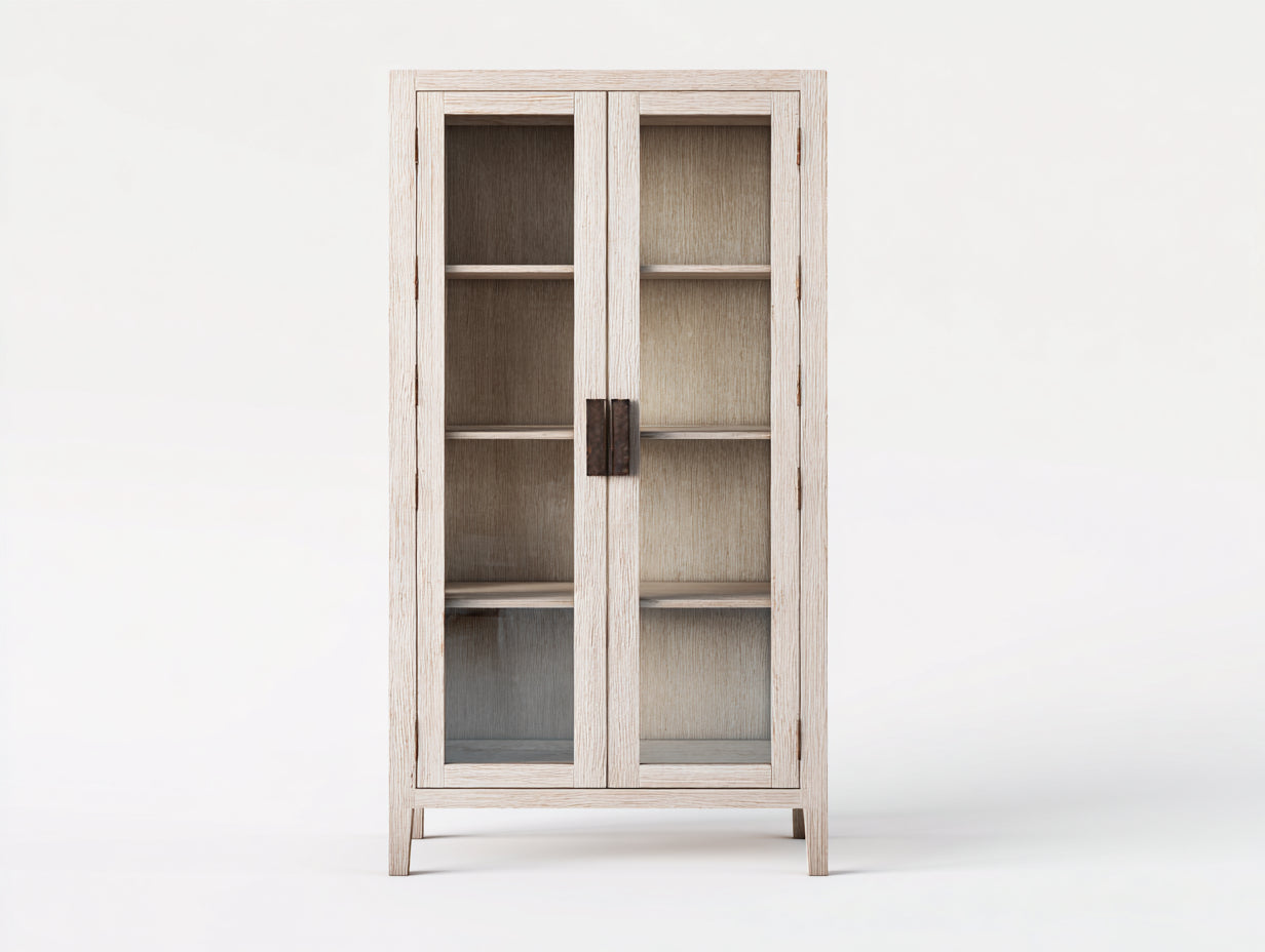 Vitrine - bois-verre-métal - 76x36x164 cm - beige naturel - rustique