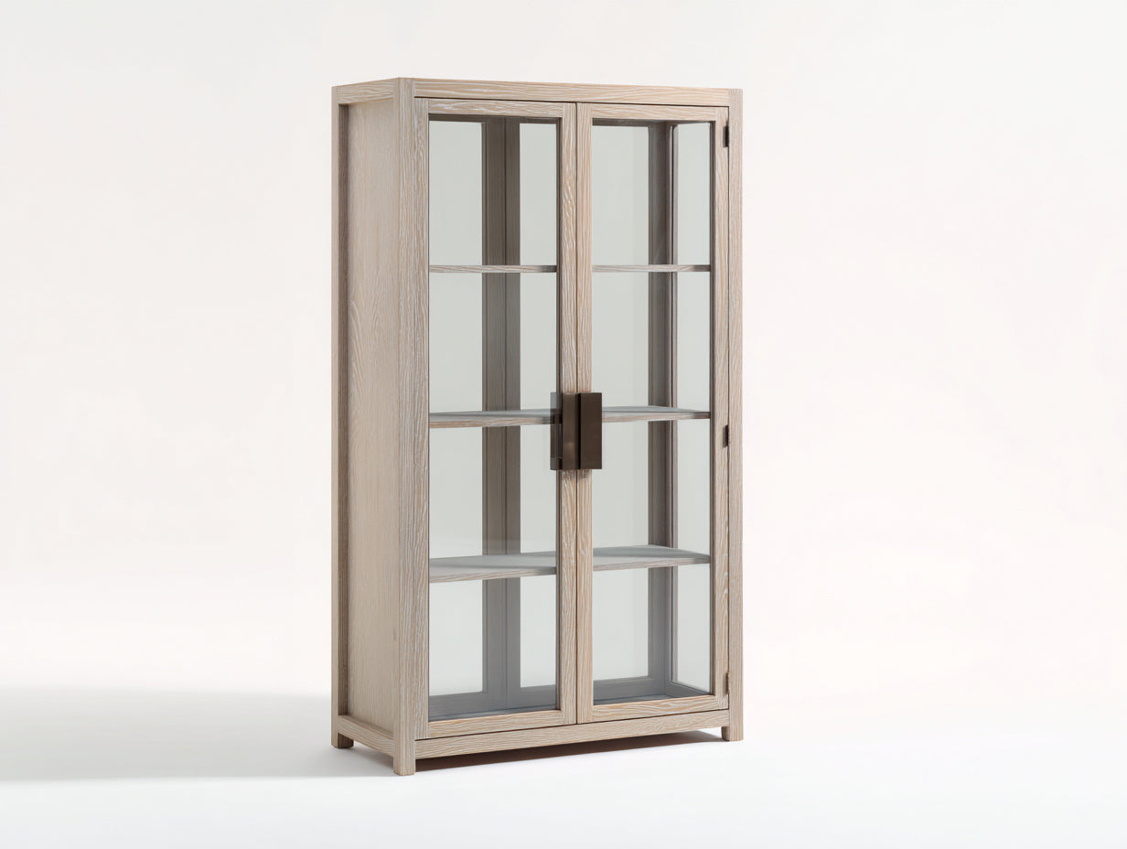 Vitrine - bois-verre-métal - 90x38x166 cm - beige naturel-marron foncé - moderne