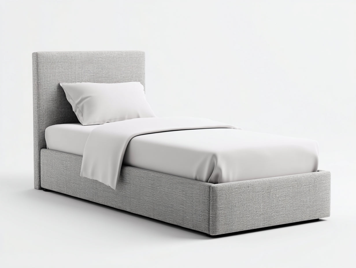 Lit simple - tissu-bois - 204x103x113 cm - gris clair - moderne rembourré