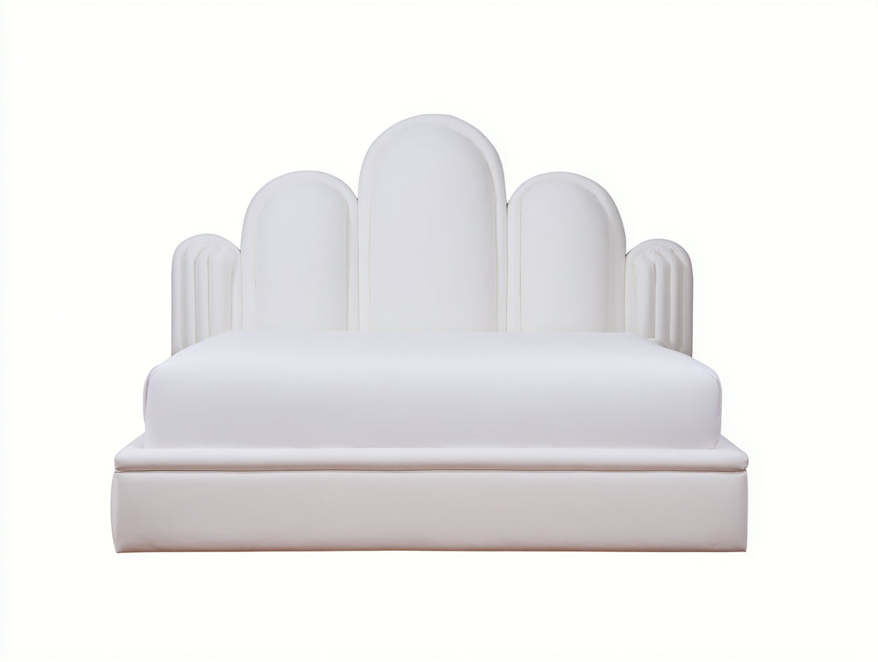 Lit double - similicuir-bois - 218x190x130 cm - blanc - style art déco