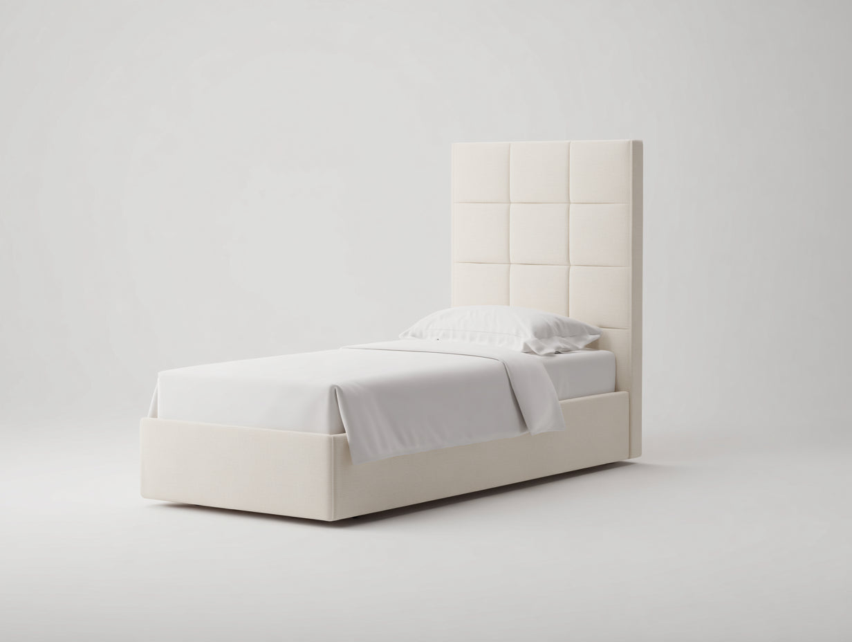 Lit simple - tissu-bois - 207x105x121 cm - crème - moderne capitonné