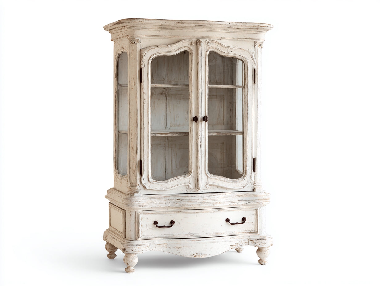 Vitrine - bois-verre-métal - 101x43x181 cm - blanc vieilli-beige - classique