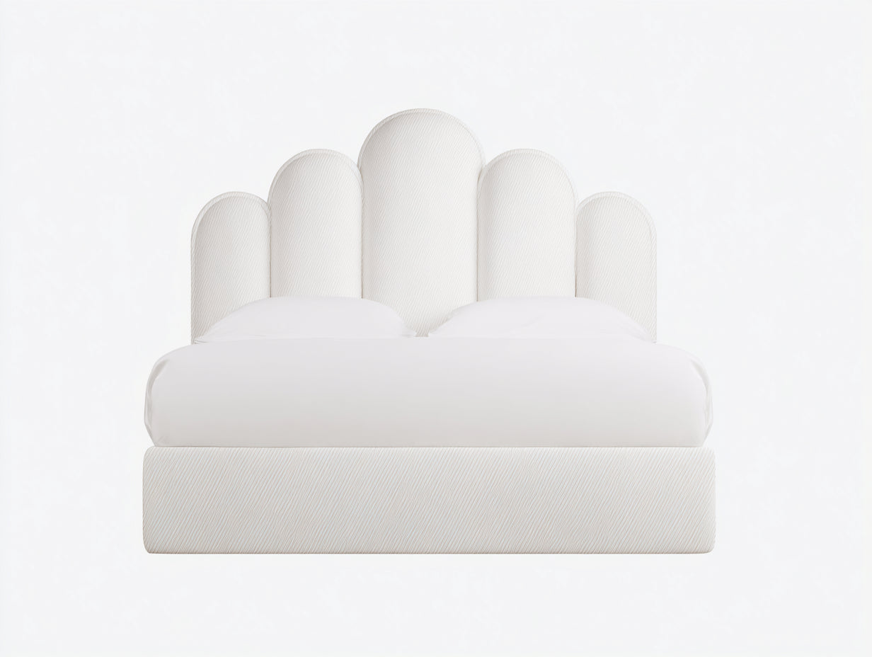 Lit double - tissu-bois - 214x186x126 cm - blanc cassé - style art déco