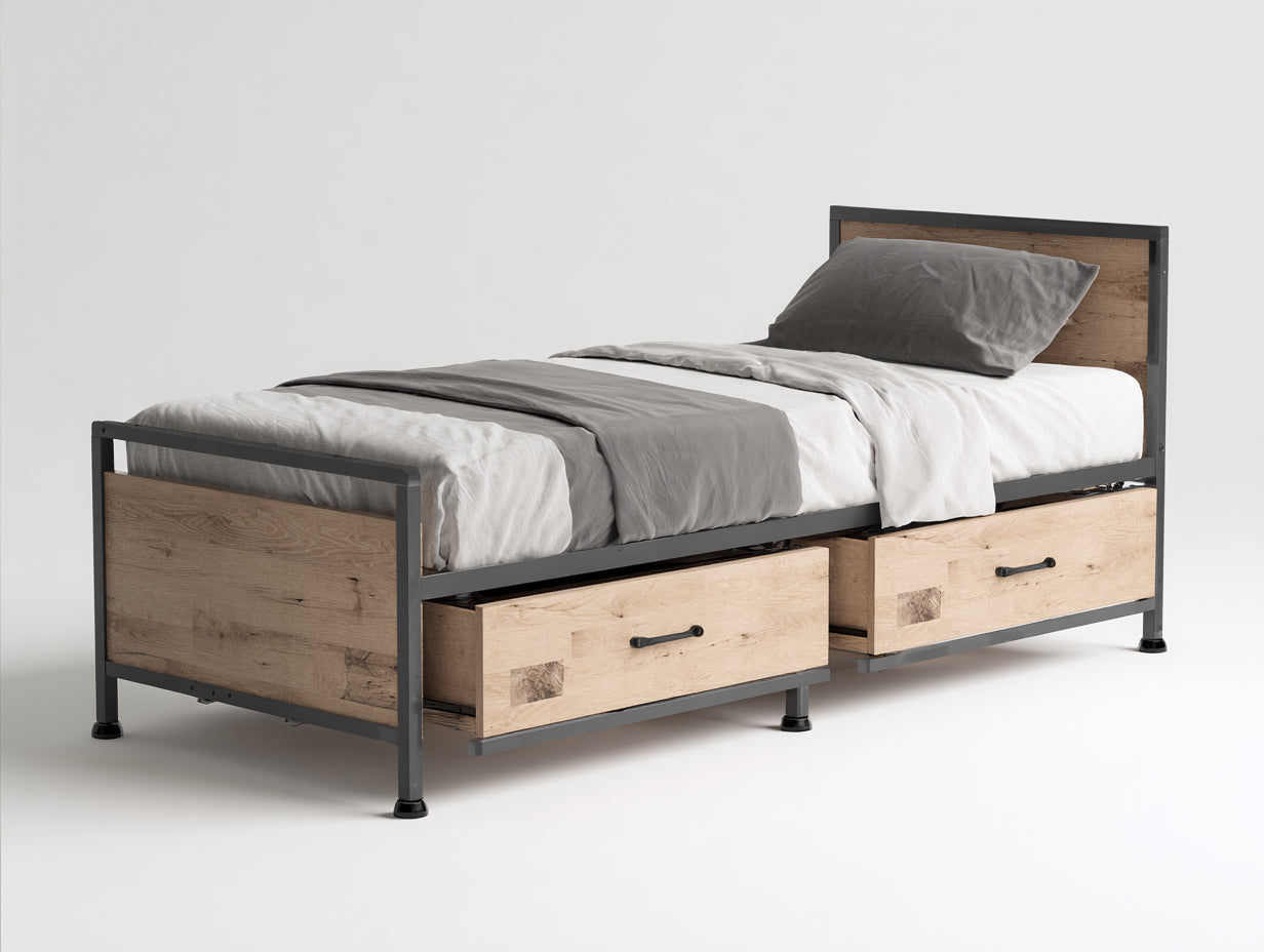 Lit simple - bois-métal - 210x105x96 cm - bois naturel-gris anthracite - industriel fonctionnel
