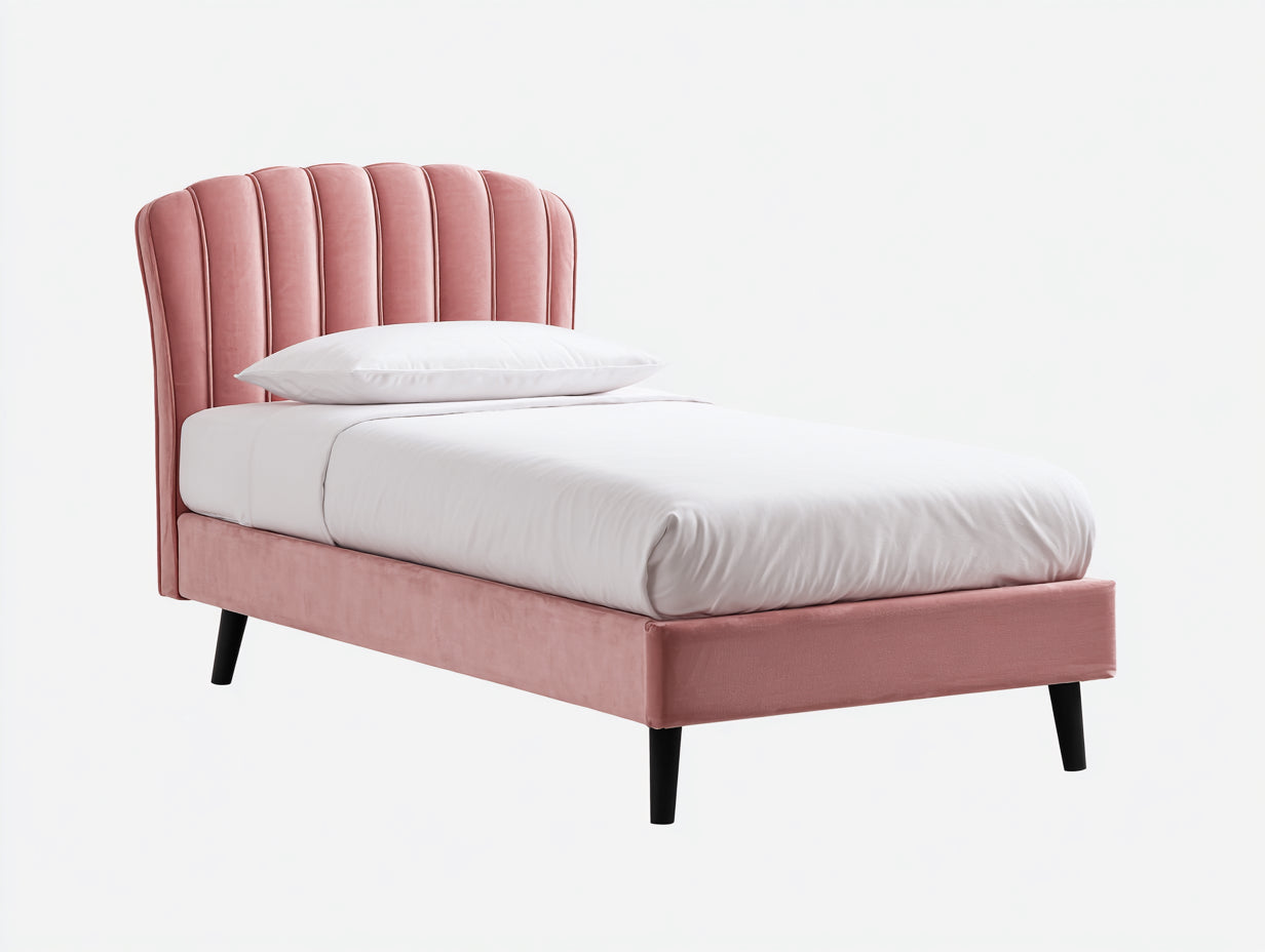 Lit simple - velours-bois - 204x102x112 cm - rose-noir - contemporain nervuré
