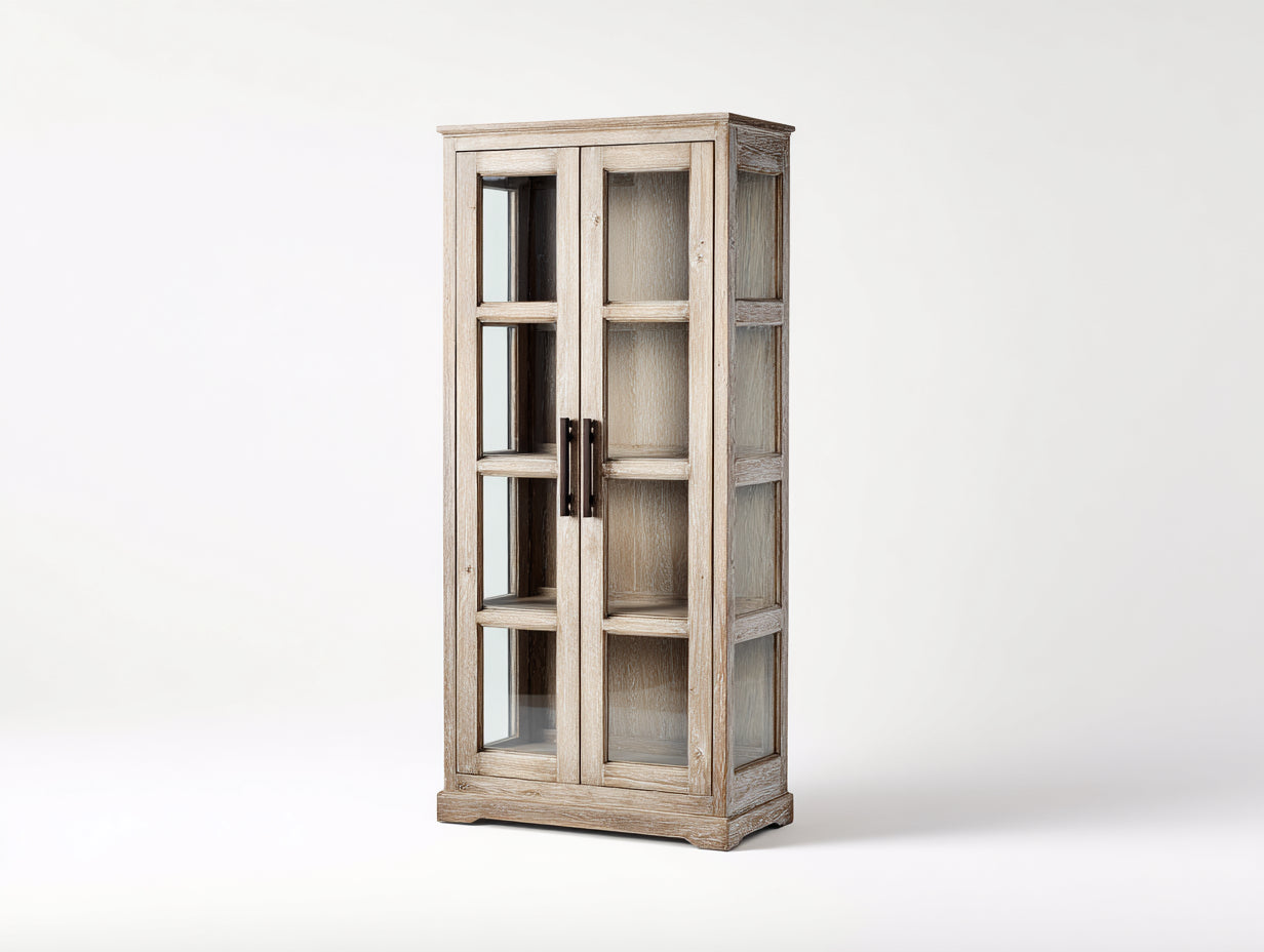 Vitrine - bois-verre-métal - 78x38x169 cm - beige naturel - classique